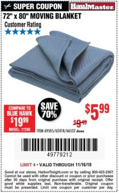 Harbor Freight Coupon 72" X 80" MOVING BLANKET Lot No. 66537/69505/62418 Expired: 11/16/19 - $5.99