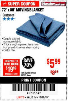 Harbor Freight Coupon 72" X 80" MOVING BLANKET Lot No. 66537/69505/62418 Expired: 10/20/19 - $5.99