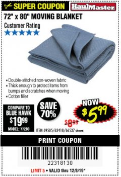 Harbor Freight Coupon 72" X 80" MOVING BLANKET Lot No. 66537/69505/62418 Expired: 12/8/19 - $5.99