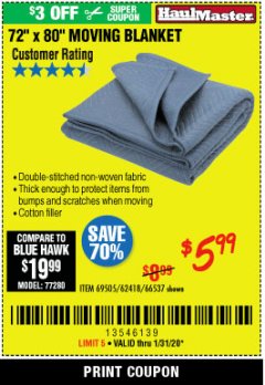 Harbor Freight Coupon 72" X 80" MOVING BLANKET Lot No. 66537/69505/62418 Expired: 1/31/20 - $5.99