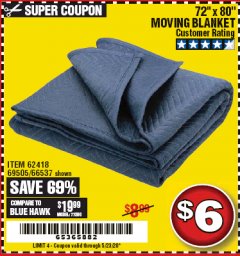 Harbor Freight Coupon 72" X 80" MOVING BLANKET Lot No. 66537/69505/62418 Expired: 6/30/20 - $6