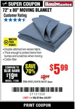 Harbor Freight Coupon 72" X 80" MOVING BLANKET Lot No. 66537/69505/62418 Expired: 6/30/20 - $5.99