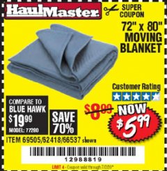 Harbor Freight Coupon 72" X 80" MOVING BLANKET Lot No. 66537/69505/62418 Expired: 7/2/20 - $5.99
