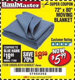 Harbor Freight Coupon 72" X 80" MOVING BLANKET Lot No. 66537/69505/62418 Expired: 8/19/20 - $5.99