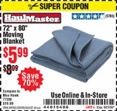 Harbor Freight Coupon 72" X 80" MOVING BLANKET Lot No. 66537/69505/62418 Expired: 9/21/20 - $5.99