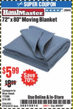 Harbor Freight Coupon 72" X 80" MOVING BLANKET Lot No. 66537/69505/62418 Expired: 9/24/20 - $5.99