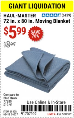 Harbor Freight Coupon 72" X 80" MOVING BLANKET Lot No. 66537/69505/62418 Expired: 9/30/20 - $5.99