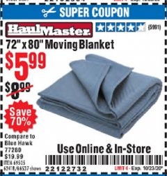 Harbor Freight Coupon 72" X 80" MOVING BLANKET Lot No. 66537/69505/62418 Expired: 10/23/20 - $5.99