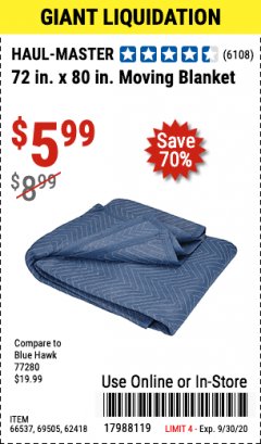 Harbor Freight Coupon 72" X 80" MOVING BLANKET Lot No. 66537/69505/62418 Expired: 9/30/20 - $5.99