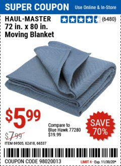 Harbor Freight Coupon 72" X 80" MOVING BLANKET Lot No. 66537/69505/62418 Expired: 11/30/20 - $5.99