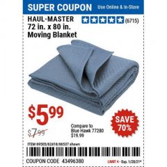 Harbor Freight Coupon 72" X 80" MOVING BLANKET Lot No. 66537/69505/62418 Expired: 1/29/21 - $5.99