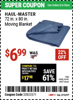Harbor Freight Coupon 72" X 80" MOVING BLANKET Lot No. 66537/69505/62418 Expired: 3/13/22 - $6.99