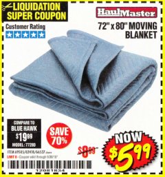 Harbor Freight Coupon 72" X 80" MOVING BLANKET Lot No. 66537/69505/62418 Expired: 6/30/18 - $5.99