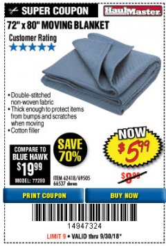 Harbor Freight Coupon 72" X 80" MOVING BLANKET Lot No. 66537/69505/62418 Expired: 9/30/18 - $5.99