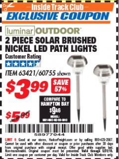Harbor Freight ITC Coupon 2 PIECE SOLAR BRUSHED NICKEL LED PATH LIGHTS Lot No. 60755/63421 Expired: 5/31/18 - $3.99