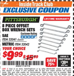 Harbor Freight ITC Coupon PITTSBURGH OFFSET BOX END WRENCH SET, 8 PIECE Lot No. 32041/32042 Expired: 11/30/18 - $9.99