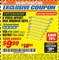 Harbor Freight ITC Coupon PITTSBURGH OFFSET BOX END WRENCH SET, 8 PIECE Lot No. 32041/32042 Expired: 3/31/19 - $9.99