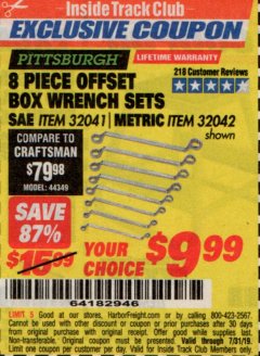 Harbor Freight ITC Coupon 8 PIECE OFFSET BOX WRENCH SETS Lot No. 32041/32042 Expired: 7/31/19 - $9.99