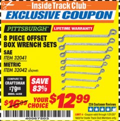 Harbor Freight ITC Coupon PITTSBURGH OFFSET BOX END WRENCH SET, 8 PIECE Lot No. 32041/32042 Expired: 1/31/20 - $12.99