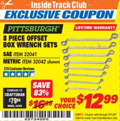 Harbor Freight ITC Coupon PITTSBURGH OFFSET BOX END WRENCH SET, 8 PIECE Lot No. 32041/32042 Expired: 3/31/20 - $12.99