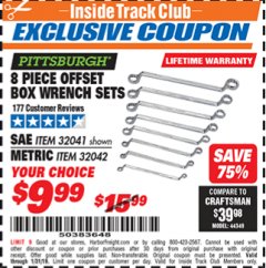 Harbor Freight ITC Coupon PITTSBURGH OFFSET BOX END WRENCH SET, 8 PIECE Lot No. 32041/32042 Expired: 1/31/19 - $9.99