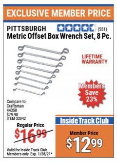 Harbor Freight ITC Coupon PITTSBURGH OFFSET BOX END WRENCH SET, 8 PIECE Lot No. 32041/32042 Expired: 1/28/21 - $12.99