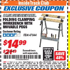 Harbor Freight ITC Coupon FOLDING CLAMPING WORKBENCH WITH MOVABLE PEGS Lot No. 47844 Expired: 5/31/18 - $14.99
