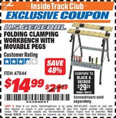Harbor Freight ITC Coupon FOLDING CLAMPING WORKBENCH WITH MOVABLE PEGS Lot No. 47844 Expired: 6/30/18 - $14.99