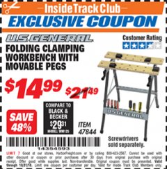 Harbor Freight ITC Coupon FOLDING CLAMPING WORKBENCH WITH MOVABLE PEGS Lot No. 47844 Expired: 10/31/18 - $14.99