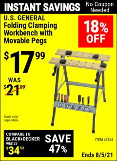 Harbor Freight Coupon FOLDING CLAMPING WORKBENCH WITH MOVABLE PEGS Lot No. 47844 Expired: 8/5/21 - $17.99