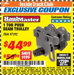 Harbor Freight ITC Coupon HAUL-MASTER 1 TON PUSH BEAM TROLLEY Lot No. 97392 Expired: 12/31/17 - $44.99
