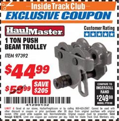 Harbor Freight ITC Coupon 1 TON PUSH BEAM TROLLEY Lot No. 97392 Expired: 6/30/18 - $44.99