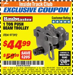 Harbor Freight ITC Coupon 1 TON PUSH BEAM TROLLEY Lot No. 97392 Expired: 8/31/18 - $44.99