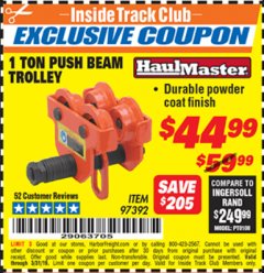 Harbor Freight ITC Coupon HAUL-MASTER 1 TON PUSH BEAM TROLLEY Lot No. 97392 Expired: 3/31/19 - $44.99