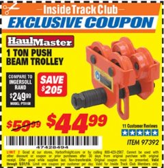Harbor Freight ITC Coupon HAUL-MASTER 1 TON PUSH BEAM TROLLEY Lot No. 97392 Expired: 5/31/19 - $44.99