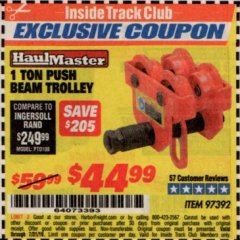 Harbor Freight ITC Coupon HAUL-MASTER 1 TON PUSH BEAM TROLLEY Lot No. 97392 Expired: 7/31/19 - $44.99