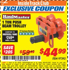 Harbor Freight ITC Coupon HAUL-MASTER 1 TON PUSH BEAM TROLLEY Lot No. 97392 Expired: 8/31/19 - $44.99