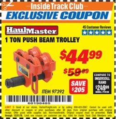Harbor Freight ITC Coupon 1 TON PUSH BEAM TROLLEY Lot No. 97392 Expired: 12/31/18 - $44.99