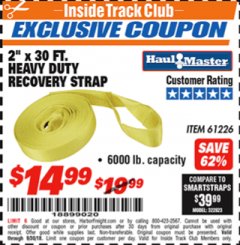 Harbor Freight ITC Coupon 2" x 30 FT. HEAVY DUTY RECOVERY STRAP Lot No. 61226 Expired: 9/30/18 - $14.99