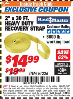 Harbor Freight ITC Coupon 2" x 30 FT. HEAVY DUTY RECOVERY STRAP Lot No. 61226 Expired: 11/30/18 - $14.99