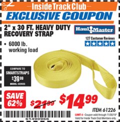 Harbor Freight ITC Coupon 2" x 30 FT. HEAVY DUTY RECOVERY STRAP Lot No. 61226 Expired: 11/30/19 - $14.99