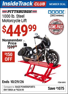 Harbor Freight ITC Coupon PITTSBURGH 1000 LB. STEEL MOTORCYCLE LIFT Lot No. 68892/69904 Valid Thru: 10/29/26 - $449.99