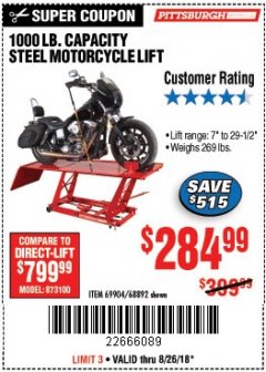 Harbor Freight Coupon 1000 LB. CAPACITY MOTORCYCLE LIFT Lot No. 69904/68892 Expired: 8/26/18 - $284.99