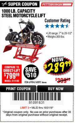 Harbor Freight Coupon 1000 LB. CAPACITY MOTORCYCLE LIFT Lot No. 69904/68892 Expired: 10/21/18 - $289.99