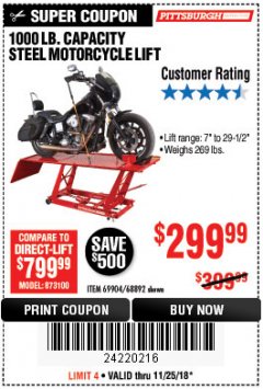 Harbor Freight Coupon 1000 LB. CAPACITY MOTORCYCLE LIFT Lot No. 69904/68892 Expired: 11/25/18 - $299.99