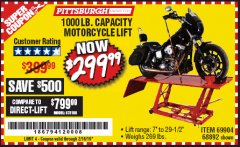 Harbor Freight Coupon 1000 LB. CAPACITY MOTORCYCLE LIFT Lot No. 69904/68892 Expired: 2/16/19 - $299.99