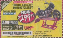 Harbor Freight Coupon 1000 LB. CAPACITY MOTORCYCLE LIFT Lot No. 69904/68892 Expired: 4/13/19 - $299.99