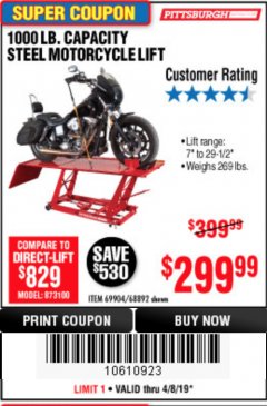 Harbor Freight Coupon 1000 LB. CAPACITY MOTORCYCLE LIFT Lot No. 69904/68892 Expired: 4/30/19 - $299.99