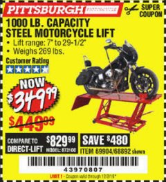 Harbor Freight Coupon 1000 LB. CAPACITY MOTORCYCLE LIFT Lot No. 69904/68892 Expired: 12/2/19 - $349.99