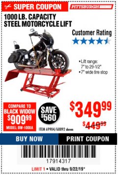 Harbor Freight Coupon 1000 LB. CAPACITY MOTORCYCLE LIFT Lot No. 69904/68892 Expired: 9/22/19 - $3.5